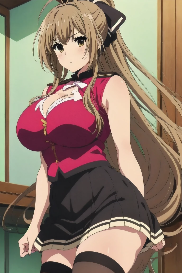 ((Correct Anatomy)),(Detailed image quality),(Female student)、((school uniform))、((Sailor suit))、(Mini Pleated Skirt),(((Black Stockings))),((School Uniform)),((standing)),Ultra-high resolution,Mature Woman, Mature Woman, Very detailed,Sunburned skin,Brown Skin,((Beautiful legs)), (Big Breasts),((Beautiful feet)),Perfect hands, Detailed fingers, Beautiful details, ((Long blonde hair)),((ponytail)),Black Choker, Earrings,loafers,Perfect Eyes, Captivating eyes,(School stairs)