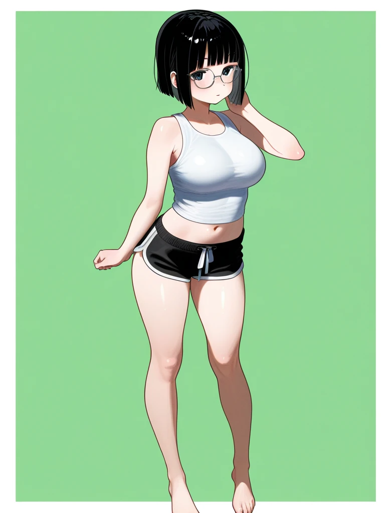 green solid background, 1 woman, best quality, ultra high res, long hair, black hair, Asian brown eyes, bike shorts, military black boots, toned tummy, blank white t-shirt, short sleeves, smiling at viewers, double D breast, standing, full body