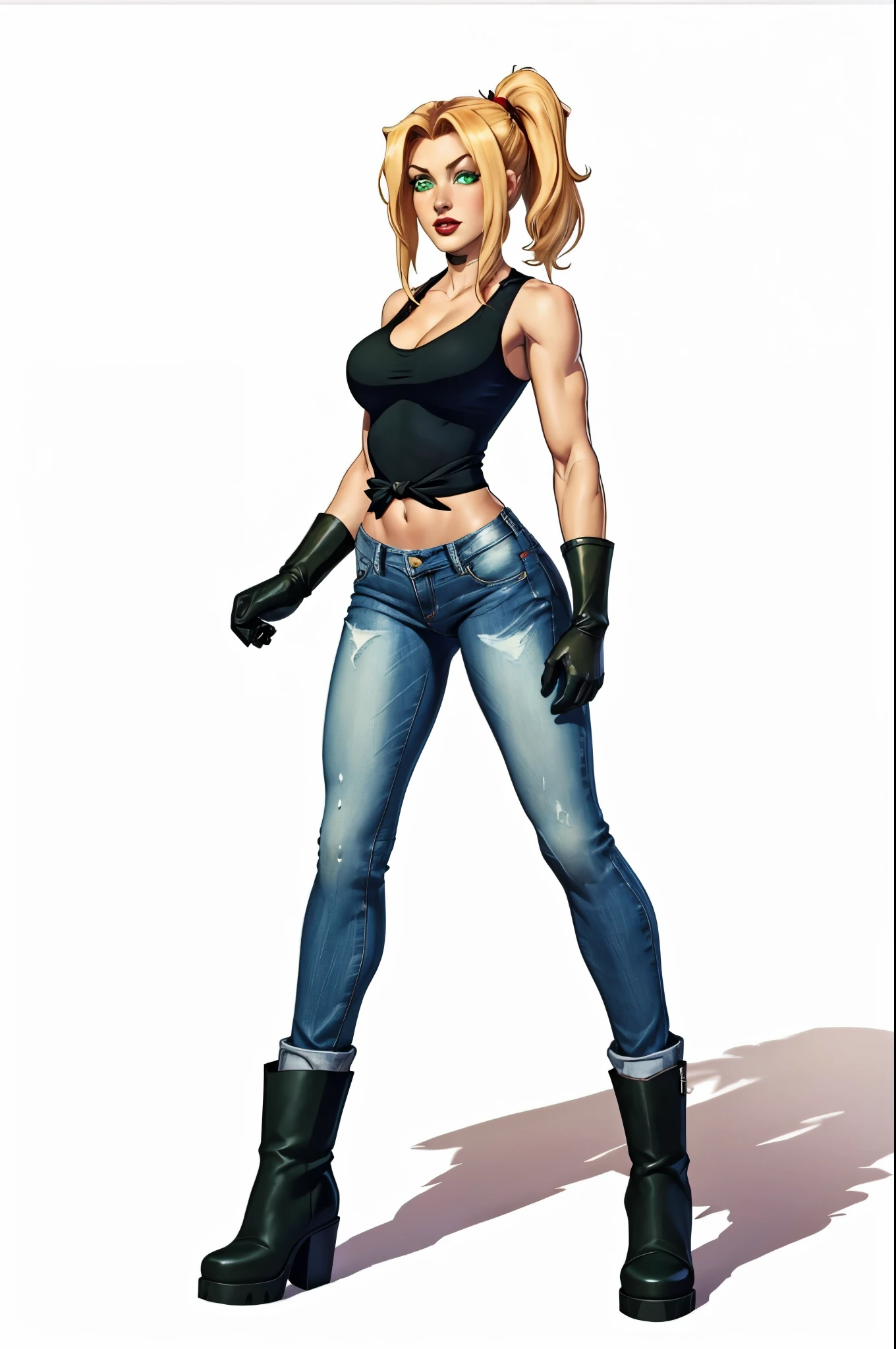sleeveless tied shirt, rolled jeans, work gloves, work boots, full body shot, sexy girl, a perfect body, looking hot, digital art, Sandra Dee, green eyes, red lips, blank background, white background, long blonde hair, high ponytail
