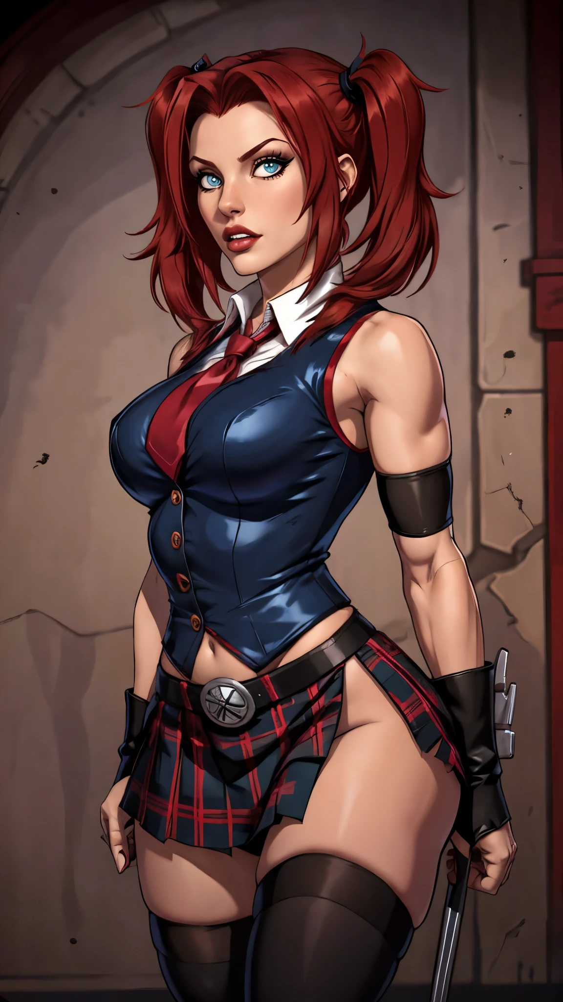 perfect detailed eyes, bloodrayne, tartan skirt, schoolgirl outfit, thigh high socks, pigtails