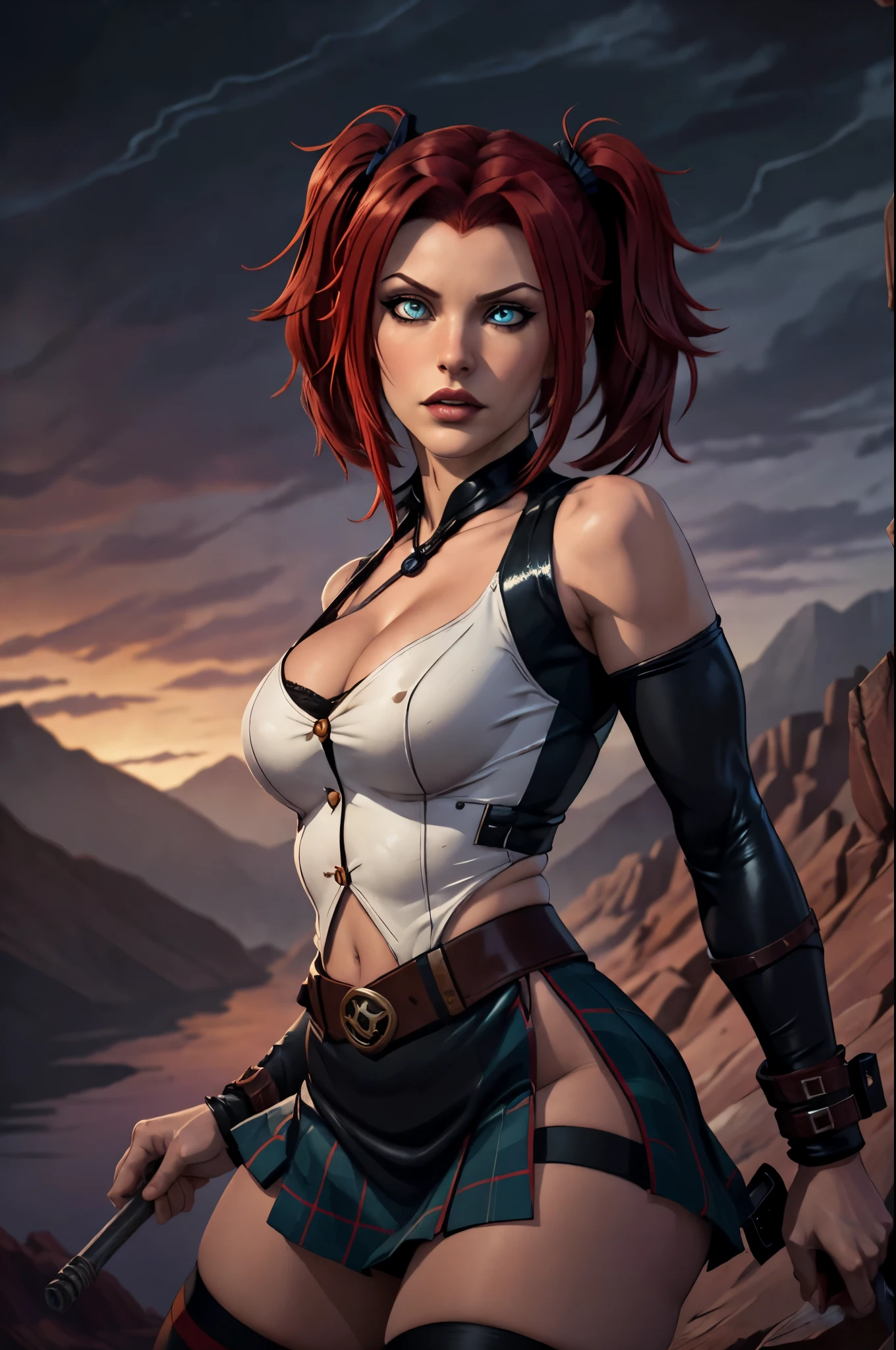 perfect detailed eyes, bloodrayne, tartan skirt, schoolgirl outfit, thigh high socks, pigtails,highly detailed portrait,beautiful face,striking expression,intense eyes,flowing hair,intricate details,detailed clothing,professional studio lighting,photorealistic,unreal engine,fantasy landscape,moody atmosphere,dramatic lighting,cinematic,digital painting,vibrant colors,dark fantasy