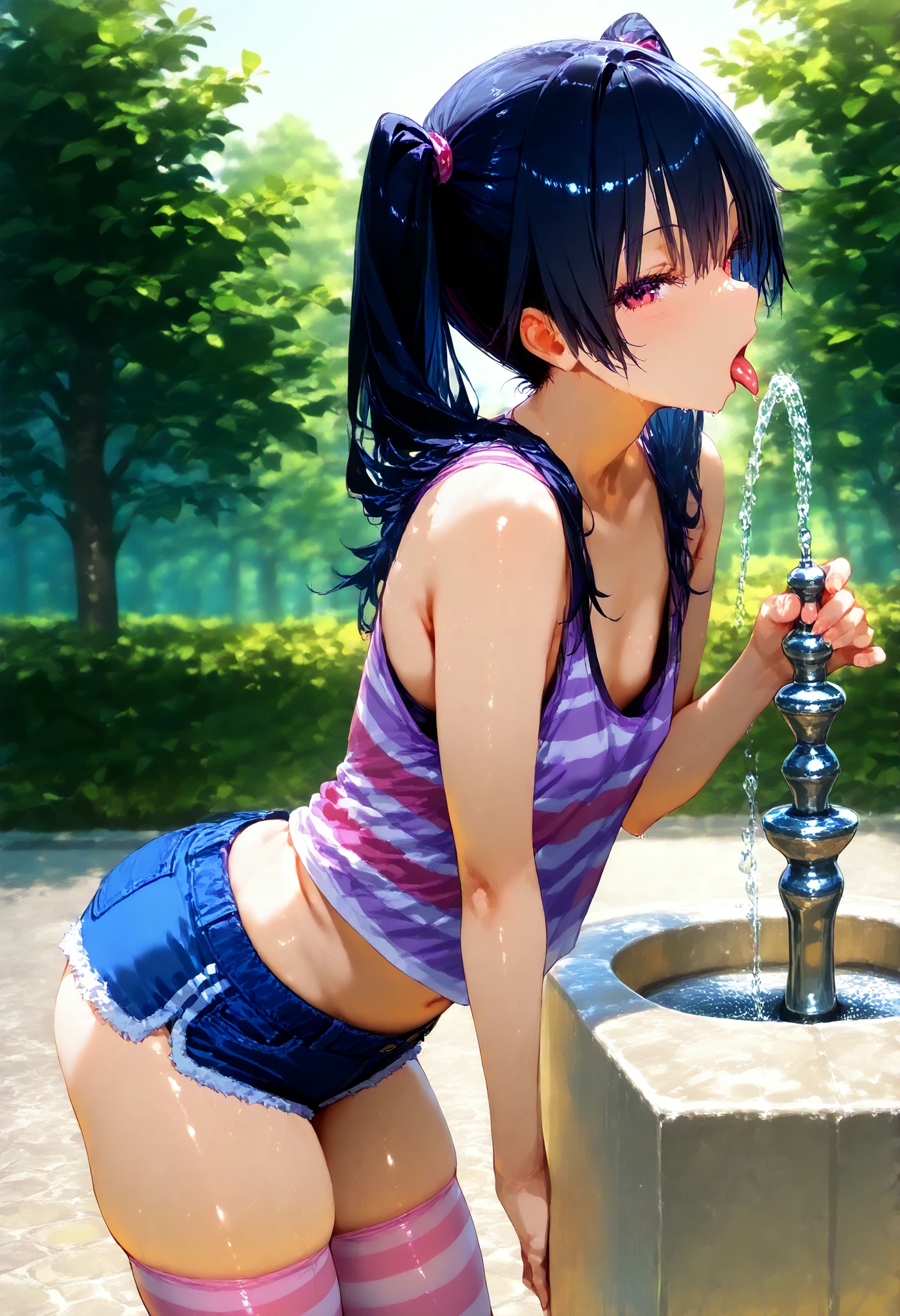 D_jirooo , 1girl ,, tanktop , hotpants , twintails , black_hair , flat_chest , pink_striped_thighhighs , drinking_fountain , adjusted_hair , from_side , profile , glancing_at_viewer , tongue_out , leaning_foward