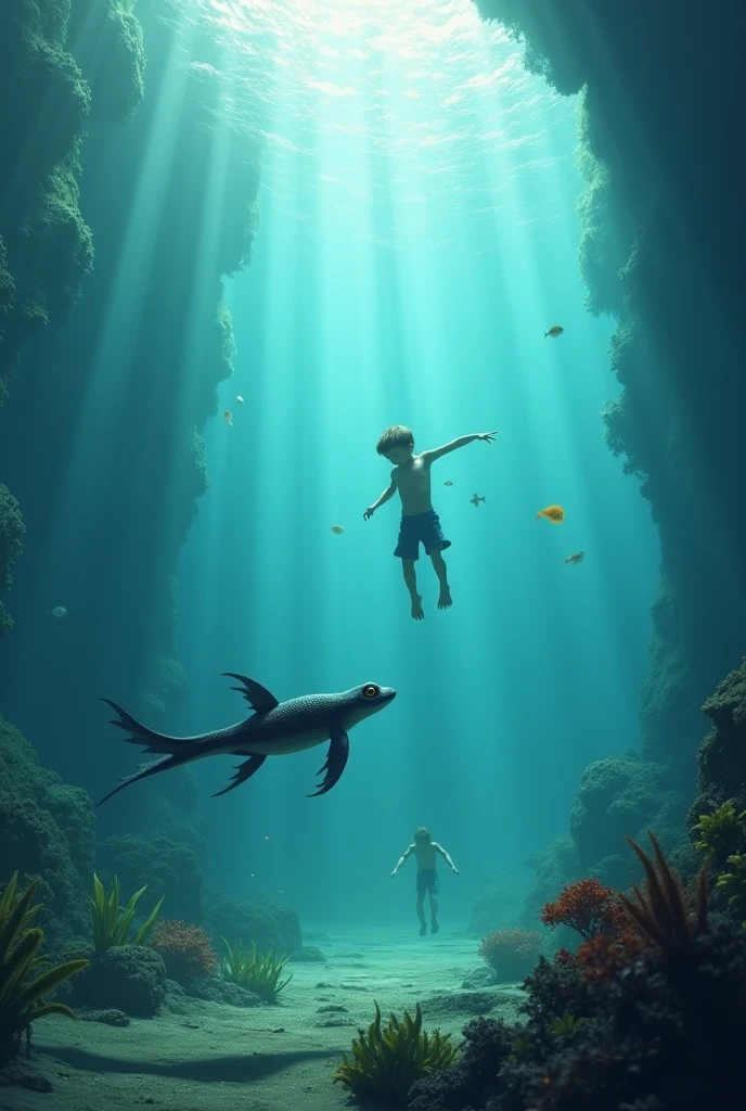 Book cover with a boy under the sea, fainted, and a boy with wings entering the sea to save him