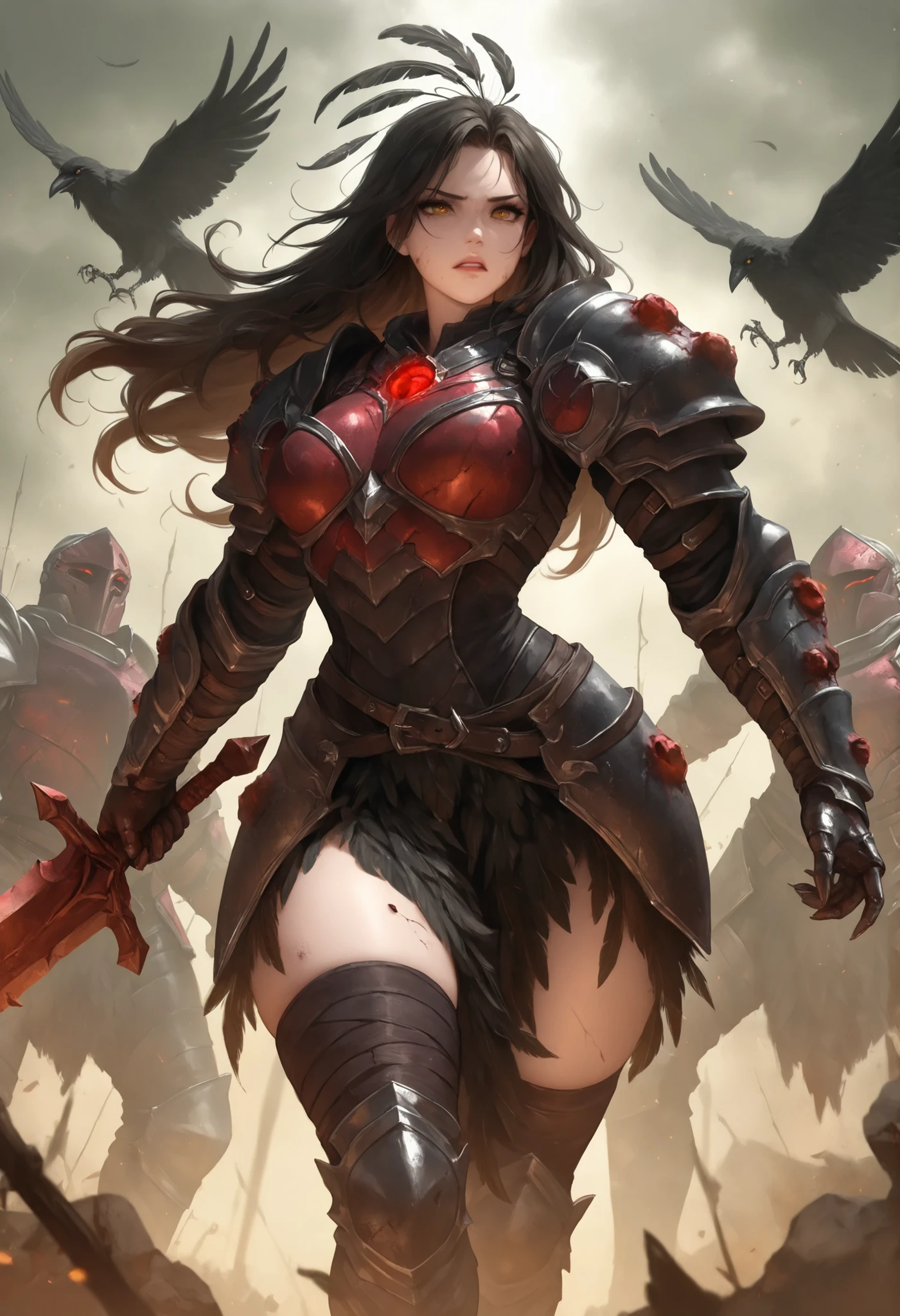 1girl,cursed_knight, (rusting_armor:1.2), thorn_sword, crow_feathers, battlefield_dusk,masterpiece, best quality, newest, highres, absurdres,