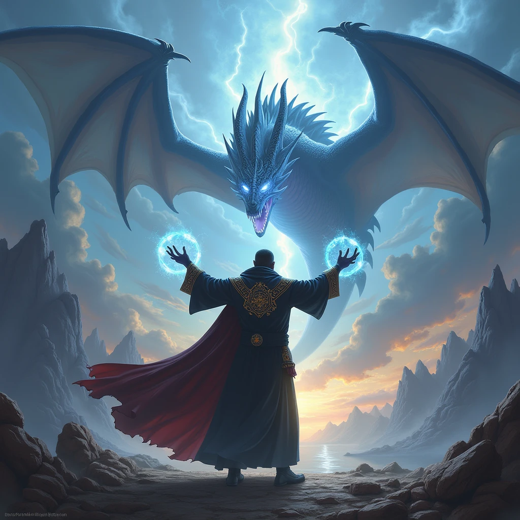 "In a dark and expansive battlefield, the Black Magician stands ready to face the Blue-Eyes White Dragon. The Black Magician, wearing a flowing purple robe, raises his magical staff, preparing to unleash a powerful spell. The Blue-Eyes White Dragon, with its massive wings spread wide, is about to release a fierce blue energy blast from its mouth. The surrounding area is filled with magical lights and energy waves, highlighting the intensity of the impending clash between these two iconic figures."