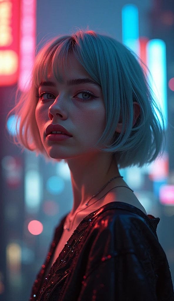 (Highest quality, 8k, 32K, masterpiece, Ultra-high resolution:1.2),Cute 18-year-old American woman image, Large Breasts, Very short bob hair,Full Body Shot,(one piece,1.1) necklace, background, Looking into the distance,Smile (((Silver streaks in blue hair))), (((Bright light blue eyes))) (((Award-winning details)) ((The atmosphere of the Disney movie Descendants))),ニューヨークシティのbackground