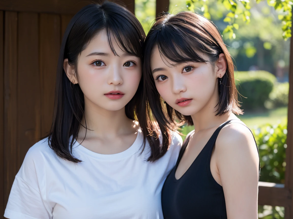 dress、(Photoreal:1.4)、(hyper realistic:1.4)、(realistic:1.3)、(smooth lighting:1.05)、(映画の照明Improvement of quality:0.9)、32K、identical twin sisters、20 year old girl、realistic lighting、Backlight、facial light、ray tracing、(brighter light:1.2)、(Improvement of quality:1.4)、(Highest quality realistic textured skin:1.4)、finely tuned、detailed face、fine eyes、(tired, sleepy and satisfied:0.0)、 close up of face、T-shirt、(Enhances the mood of your body line:1.1)、(Enhances the beauty of skin texture:1.1)、((naked))