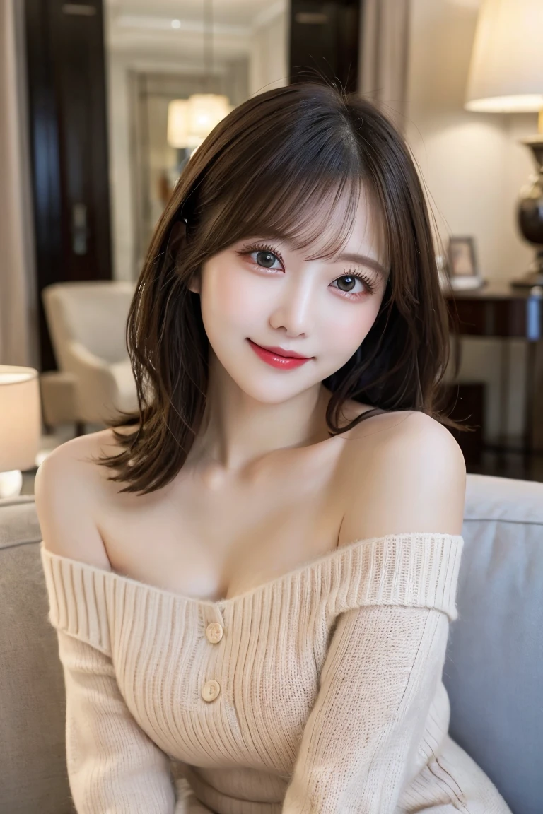 masutepiece, Best Quality, Illustration, Ultra-detailed, finely detail, hight resolution, 8K Wallpaper, Perfect dynamic composition, Beautiful detailed eyes, off shoulder knit ladies&#39;S Fashion,straight haired,small tits、Natural Color Lip, Bold sexy poses,Smile,upscale homes(a room)、20 years girl、Cute、Sexy shot looking at camera,Ultra-realistic raw photos