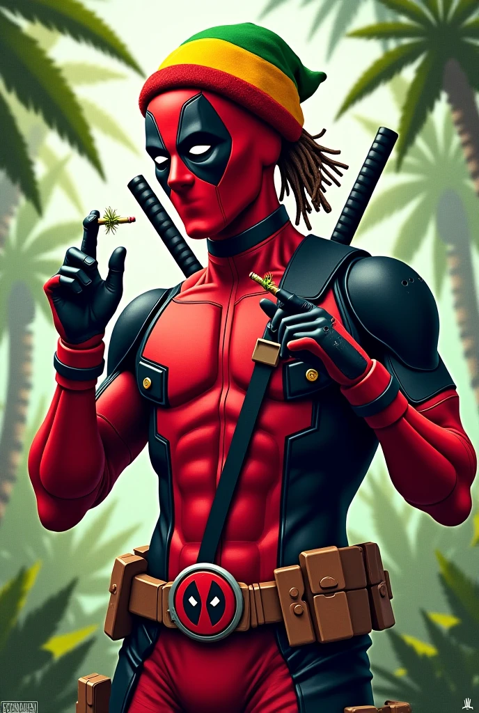 Deadpool with a watermelon-designed helmet and a suit and tie