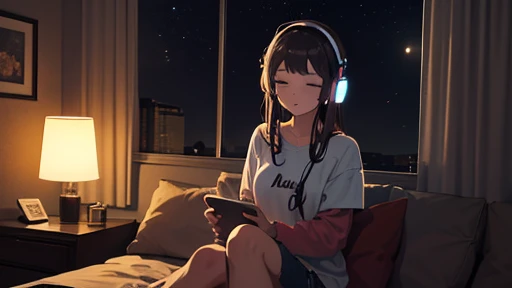 A girl with headphones on is sitting comfortably on a sofa at night, Wide-angle lens, Lofi Anime, Lofi illustration, Aesthetic atmosphere, Lo-Fi Style, Vector art, Flat Design, Simple shape, Warm tones, Pleasant atmosphere, Chill, In anime style, Digital drawing, Vector art, Vector logo for t-shirt printing, (Adorable:1.5), (small:1.4), (Playful:1.2), (soft:1.3), (Whimsical:1.1), masterpiece, Highest quality, 8K, Intricate details, grow, Celestial, Mysterious, Picturesque, amazing, Majestic, Magic, Fantasy art, Cover art, dream-like