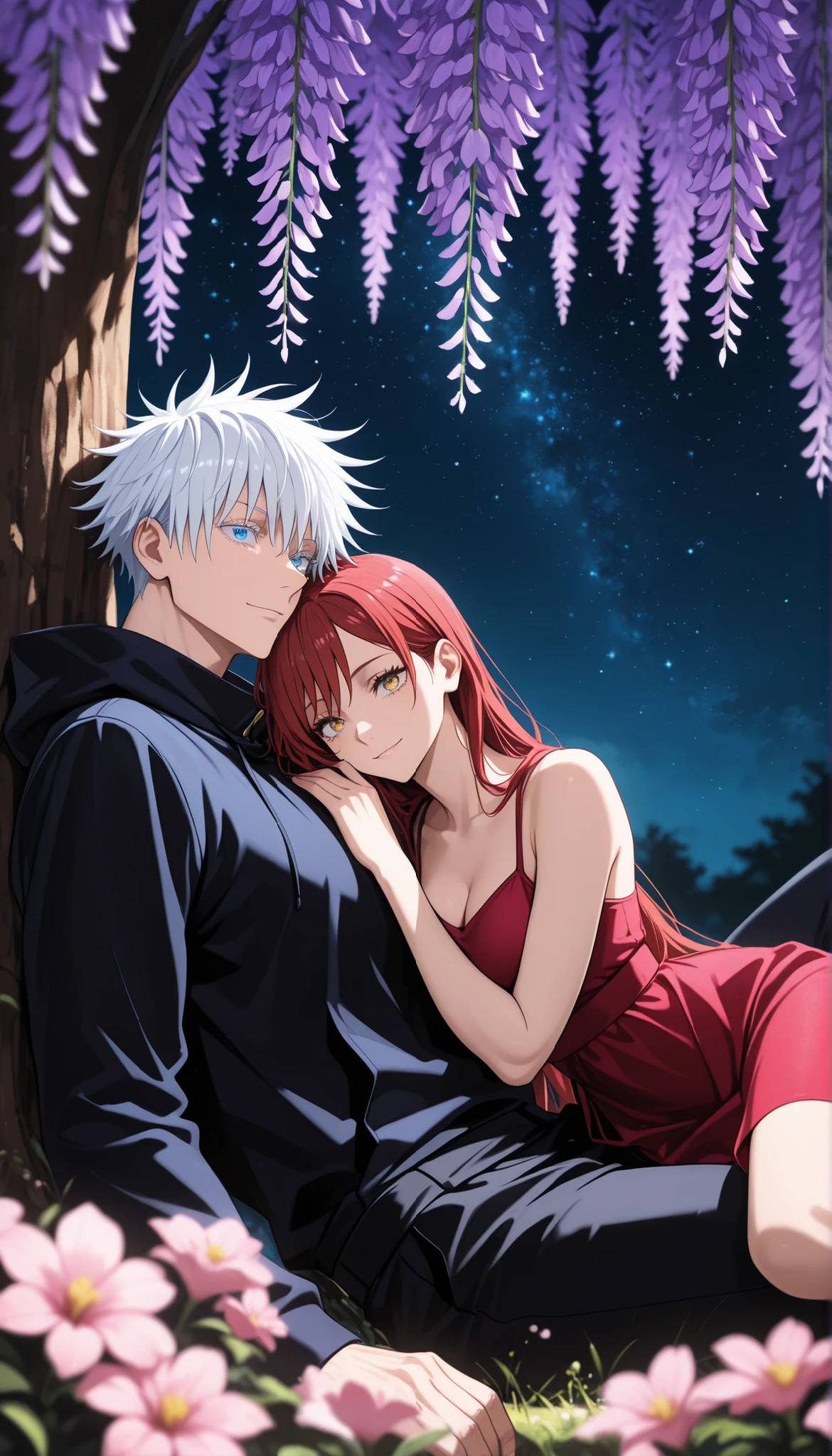 masterpiece, best quality), safe, amazing quality, very aesthetic, absurdres, highres, newest, HDR, 8K, high detail RAW color art, large pupil, eyelashes, BREAK couple, hetero, duo focus, (size difference, height difference), happy, under a large tree Wisteria sinensis, pink colors flowers, night, starry sky, dynamic pose, scenery, wisteria sinensis trees, romantic, sparkling, high contrast, volumetric lighting, intricate details, scenery, depth of field, cinematic lighting, side view BREAK female focus, 1girl, , Jujutsu Kaisen , golden eyes , very long hair , (red hair) , (medium breasts:0 . 8) , petite , very cute , beautiful , red summer dress, clear highlights , Perfect Eyes, sitting under the tree Wisteria sinensis, BREAK 1boy, male focus, Gojou Satoru, Jujutsu Kaisen, white eyelashes, white hair, short hair, blue eyes, hoodie, muscular, sexy man, handsome, mature, sensual, lean, black pants, lying with head on woman's lap, lying under tree