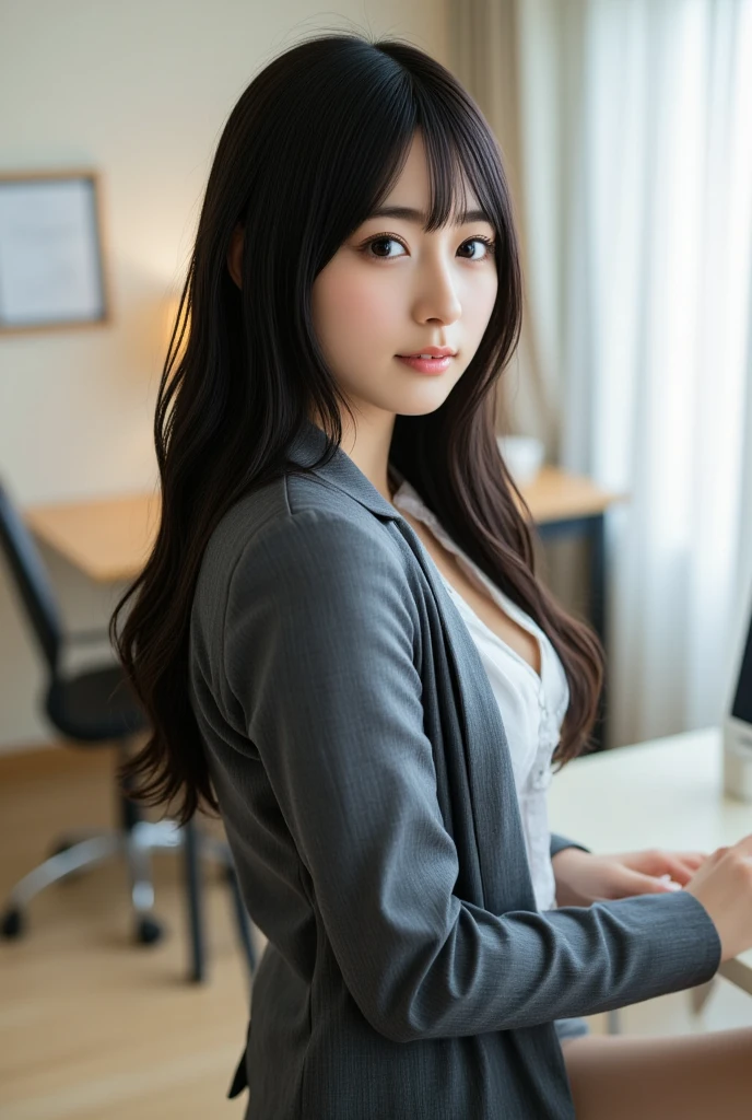 hyper-detailing, A high resolution, ultra - detailed, Best quality at best, Amazing Cleavage, top-quality,office lady uniform，office uniform，The face is delicate，black pantyhoses，high-heels，hip-up，desks，(Qi bangs:1.05)，(yellow long hair:1.01)，fully body photo，cute big breasts，ssmile，Legs are very thin and long