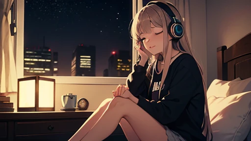 Girl listening to music in a cozy room at night, Using headphones, 2D style anime, Lo-fi, hard disk, Dark environment