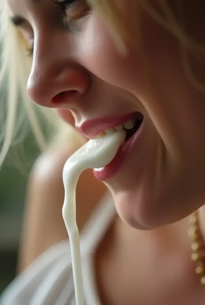 21 year old blonde girl, naked, on her knees, looking up at viewer, younger out, white slightly transparent goo dripping off her face, white transparent goo dripping off her tongue