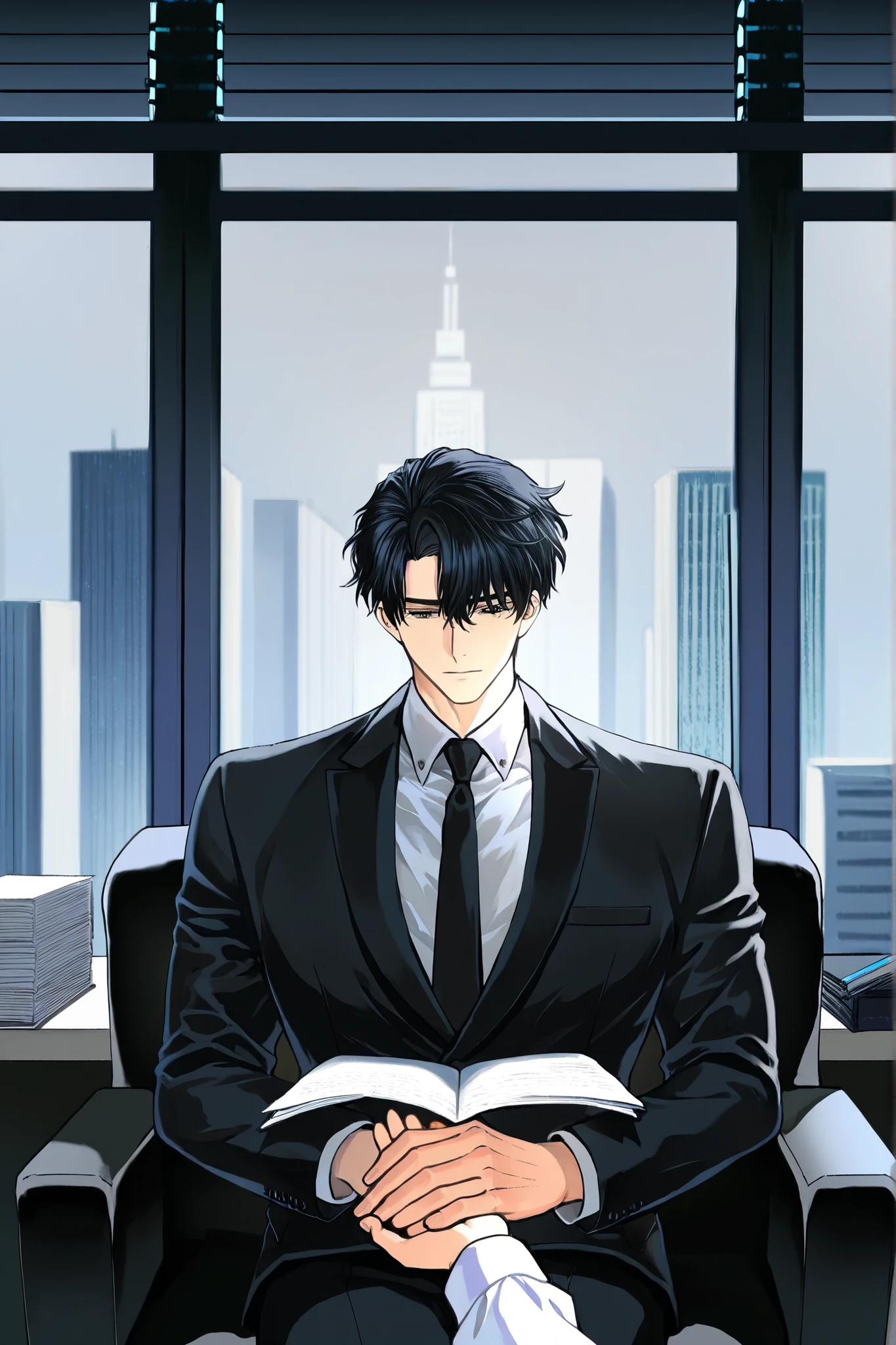 1 male, seme, handsome male, tall male, front view. He is sitting on a luxurious black chair in a office demanding important documents from you that you hold. Taking place in a skyscraper with window behind character. Male holding documents that a female assistant gave to him. 1 Female's hand, female's hand holding documents to male