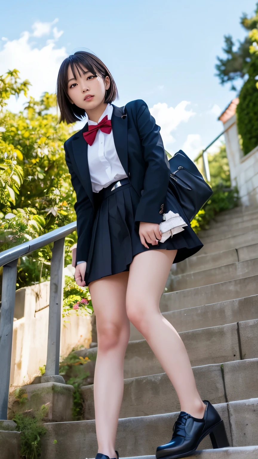 ((Best of the highest quality, 8k, Masterpiece, raw photo: 1.2)), (Sharp focus: 1.2), (1 AESPA, slim body type female, 21 y/o: 1.1), (Solo: 1.28), (realistic, photo-realistic:1.37), face focus, cute face, finely eyes, (droopy eyes: 1.32), (Emphasize prominent aegyo-sal with bright: 1.2), shimmering eyeshadow applied under the lower lash line, paired with thick, (small breasts, flat chest, Thigh: 1.3), (short messy hair: 1.28), (wearing navy blazer school uniform, skirt: 1.32), (ribbon: 1.1), walking terrace dining, flower, (skirt is rolled up by the wind, from below: 1.16)