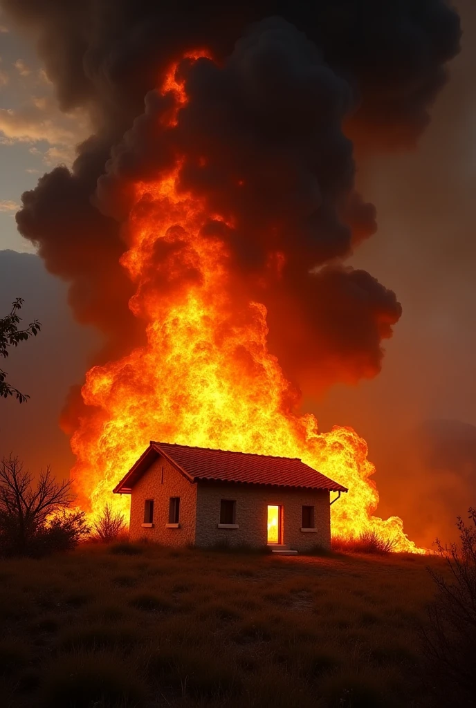 Images of a hut on fire with a large flame and smoke" --auto --s2