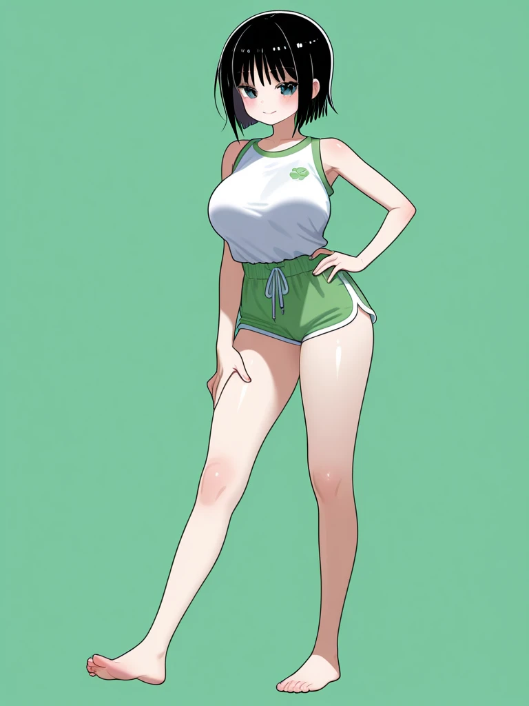 A girl with short bob black hair and green eyes with freckles on her face and big breasts wearing a green bikini in the forest lost with a dinosaur