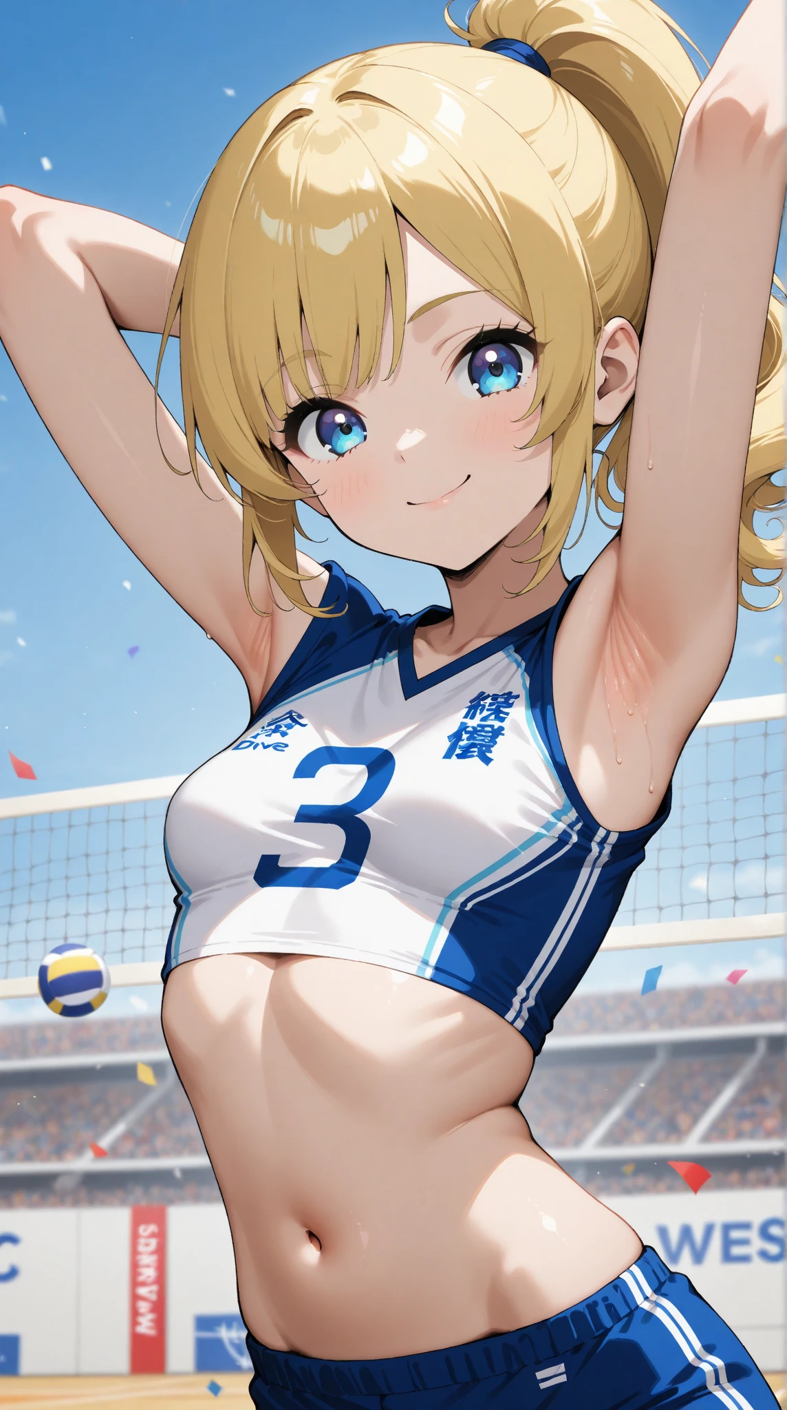 On the sandy beach volleyball court、Please draw an illustration of a woman in a swimsuit with a serious look on her face as she plays a game.。She hit the ball back with force.、The blue sea and sky spread out in the background.。