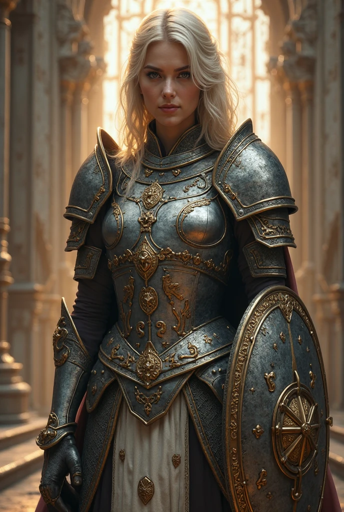 female woman cleric holding a mace and a shield wearing scail armor