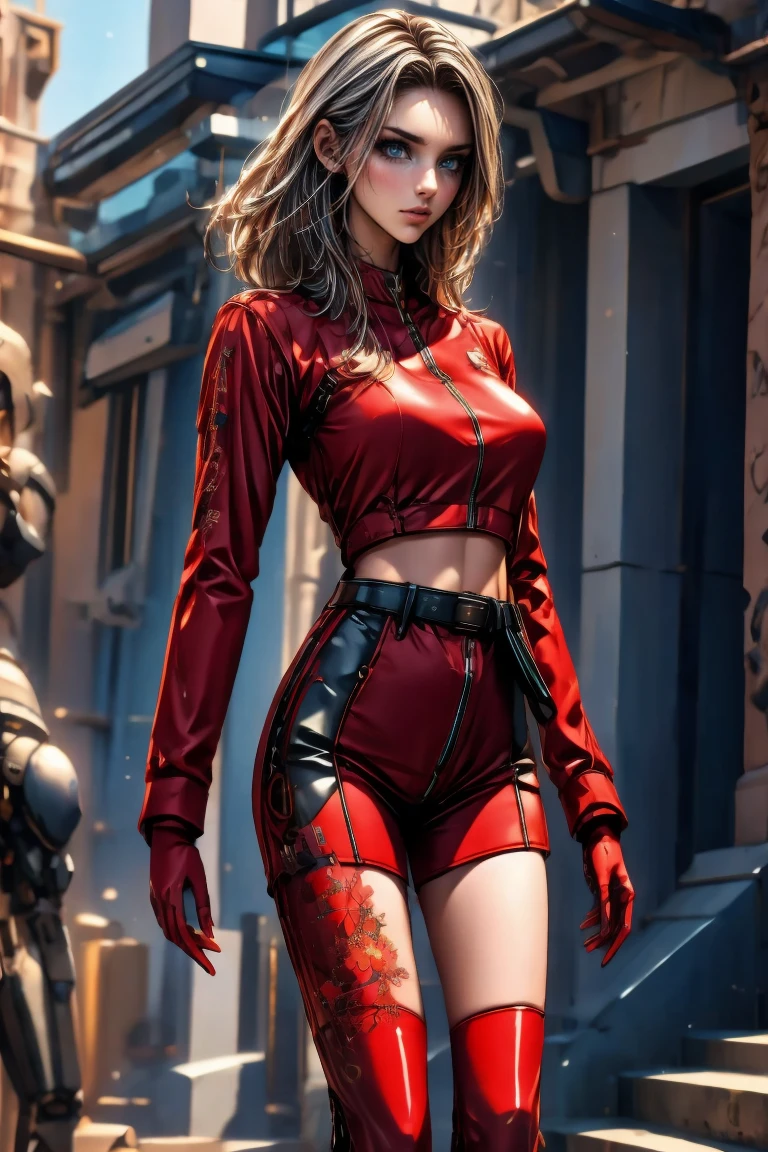 A full-body, ultra-detailed semi-realistic digital painting of a mature Serbian woman in her early 40s, with a tall, statuesque, and elegant figure that radiates strength and cultural pride. Her proportions follow a 10-heads-tall fashion model silhouette, with a modestly full bust, narrow waist, long athletic legs, and graceful posture. She stands confidently, with a subtle hip tilt and relaxed arms. Her skin is fair and smooth with a porcelain glow. Her facial features are traditionally Slavic—high cheekbones, a straight nose, defined jawline, and almond-shaped steel blue eyes under strong brows. Her expression is calm and noble, lips full and balanced, painted in matte wine-red. Her makeup is sculpted and minimal: taupe eyeshadow, soft contour, and light highlighter.

She wears a modern race queen outfit influenced by Serbian heritage. The zip-up crop top is deep red with navy accents, embroidered with silver geometric patterns on the shoulders and sleeves. A matching ultra-short miniskirt features navy side panels, silver-trimmed edges, and a crimson sash-style waistband resembling a traditional Serbian belt. Black thigh-high boots with silver embroidery and deep red fingerless gloves complete the bold yet refined ensemble.

Her dark brown hair is silky and straight, parted at the side and flowing down to her waist in polished, smooth strands. It is tucked behind one ear to reveal her facial features, with no bangs or accessories. The balanced length and natural volume of her hair enhance her poised, composed presence.

She stands before traditional stone architecture under soft golden light, with a subtly blurred Serbian urban backdrop that highlights her dignified appearance. Masterpiece, best quality, semi-realistic, 8K resolution, cinematic lighting, hyperrealistic portrait, finely detailed.