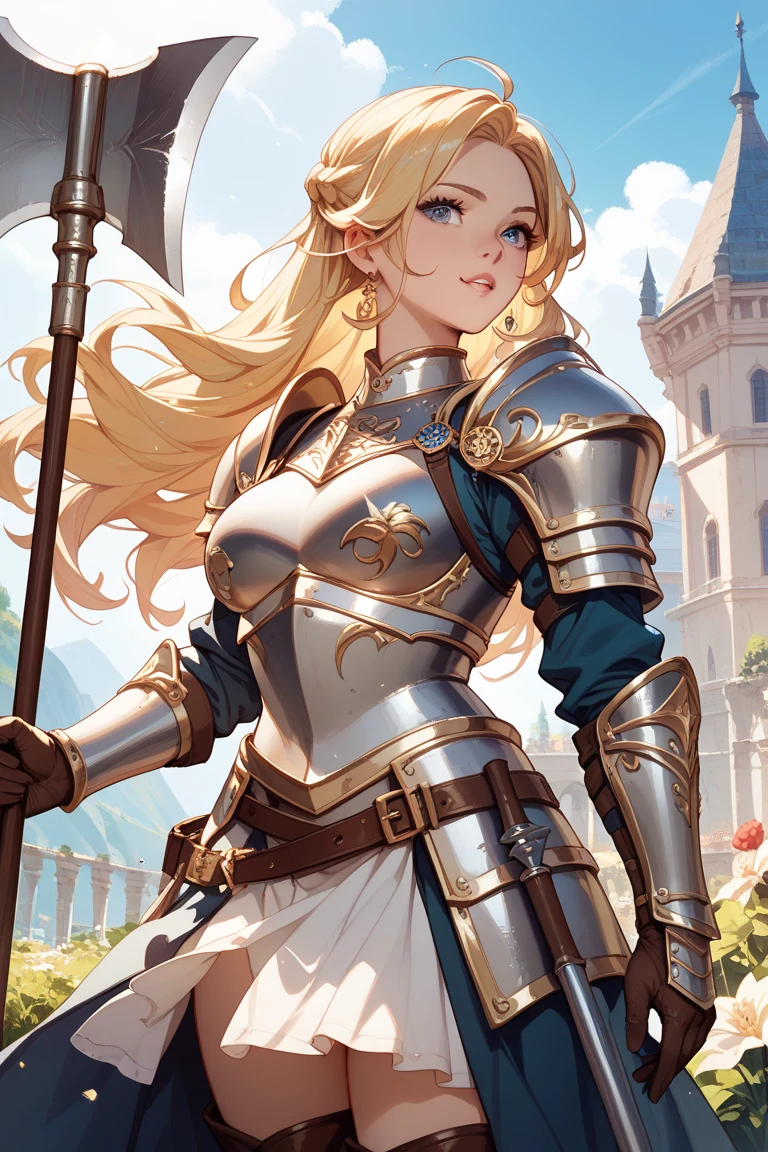(masterpiece:1.2), (best quality:1.2), perfect eyes, perfect face, perfect lighting, 1girl, kisara in_black_tightsuit_under_the_shiny_(white_body_armor:1) and holding_impossibly_tall_white_(full-length_shield:1.1)_and_(black_mace:1.1), big breasts, very wide hips, long blond hair, green eyes, fantasy, detailed outdoor background