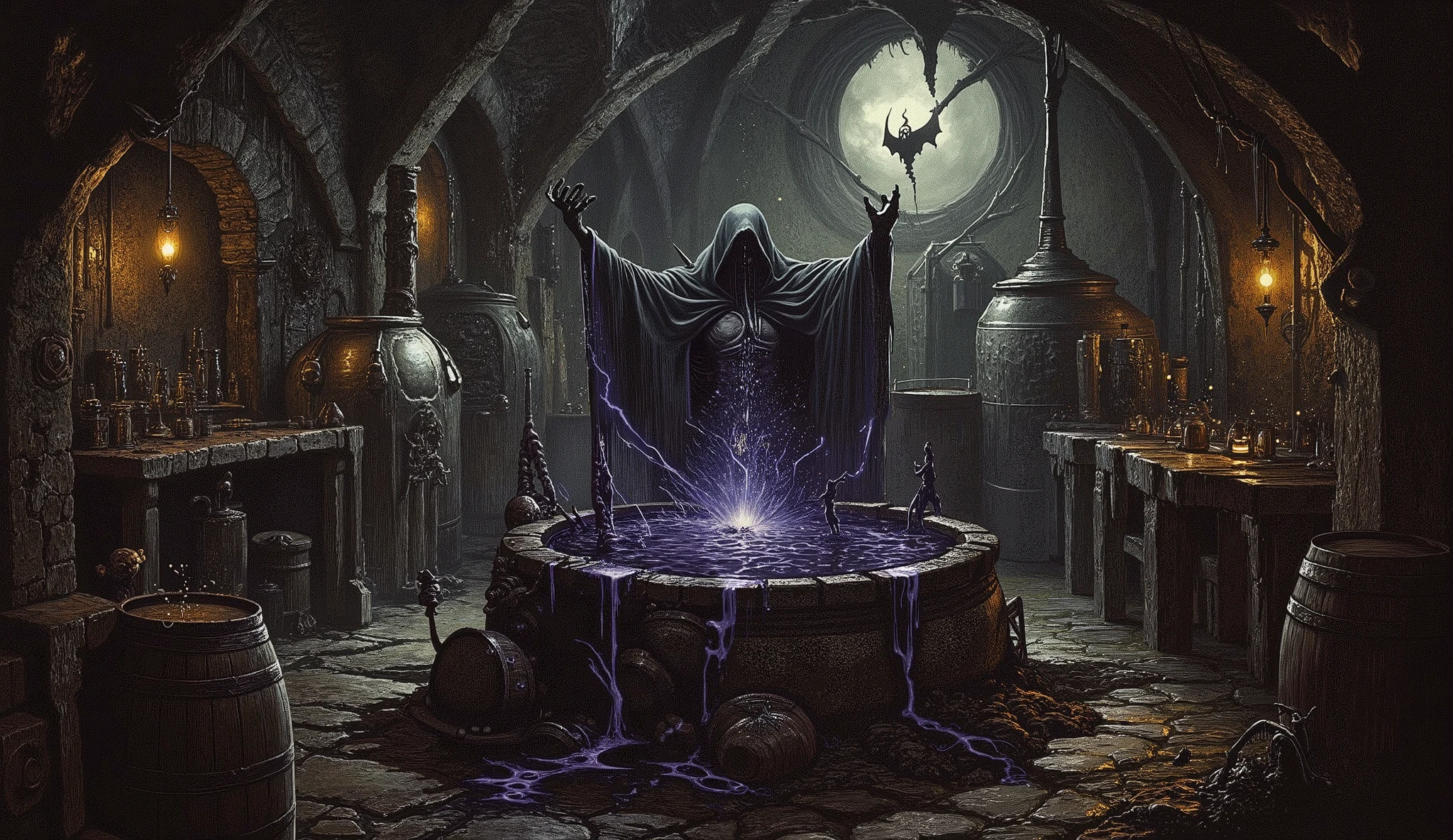 Prompt: "A haunting medieval brewery filled with large fermenters and aged wooden barrels, dimly lit by flickering lanterns. At the center stands a massive cauldron brimming with an ominous, thick black liquid. Emerging from the liquid, a terrifying figure takes shape, its body partially formed by the substance. The visible parts are drenched in the dark fluid, while the rest disappears into a chilling void. The atmosphere exudes dark fantasy, with eerie shadows, menacing details, and a spine-tingling, supernatural presence. Style: Highly detailed, dark fantasy artwork, with a sense of dread and awe."
Negative Prompt: "bright, cheerful, cartoonish, low detail, unrealistic proportions, flat textures, overexposure."