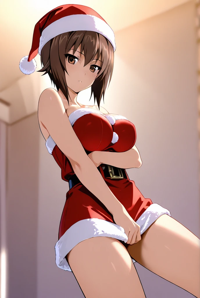(1980s style, anime screencap, cel shading, high resolution, clean brush stroke, masterpiece, best quality, highly detailed, NSFW), hospital bed, medical room background, public indecency, full body, 1girl (solo:1.5) (solo focus:0.0), blue eyes, eyebrows visible through hair, (caring look:1.5), looking at viewer (vulgarity:0.0), straight long hair, open eyes (beautiful detailed eyes:1.0), smile, open mouth (put out tongue:1.5), mouth drooling, animal collar, cleavage, tied blouse (open white blouse:1.3), white stand collar shirt (folded sleeves:1.5), belly chain, jewelry, gold necklace, gold bracelet, nail polish, light yellow leopard print micro bikini (areola slip:1.0), underboobs, sidelocks, navel piercing, middle breasts (pointed breast:1.5), natural sagging breasts (long tits:1.5), wide areola (ebony areola:1.5), highly detailed areola (glands of montgomery:1.5), small ass, belt, navel, short skirt (Pleated short skirt with plaid pattern on red background:1.5), garter belt, dark grey pantyhose (skindentation:1.2), brown loafers, spread legs, skinny thighs, skinny legs, tiptoes, underwear, crotch rub, female masturbation, pussy juice, thigh strap, used condom belt, (santa hat:1.3), (red thighhighs:1.5), wearing school girl,