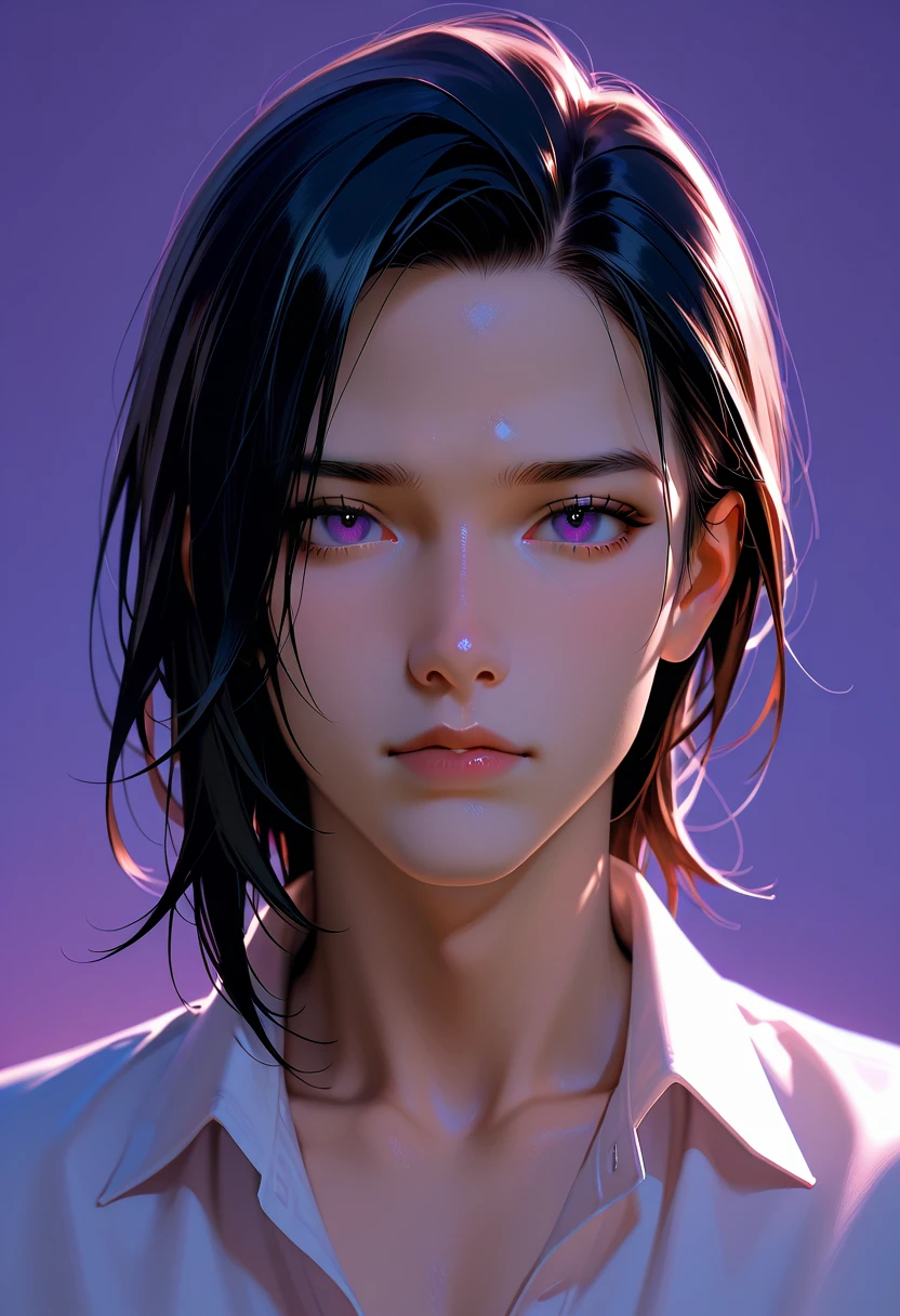 1 man, black hair, purple eyes, good looking, wearing black, dressed like a bad boy, hair swept back