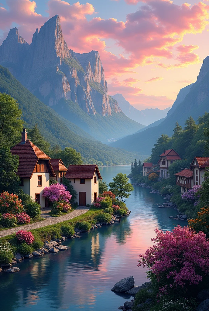 A small village by the river, color of the mountain in the background, colorful flower flowers, detailed landscape, beautiful natural scenery, atmospheric lighting, scorching sunset, warm colors, Practical, фотоPractical, detailed foliage, complex buildings, paved street, charming country house, swirl bright colors, lush vegetation, reflections on water, picturesque, idyllic, artwork, the best quality, 8k, very detailed,  anime stylization 