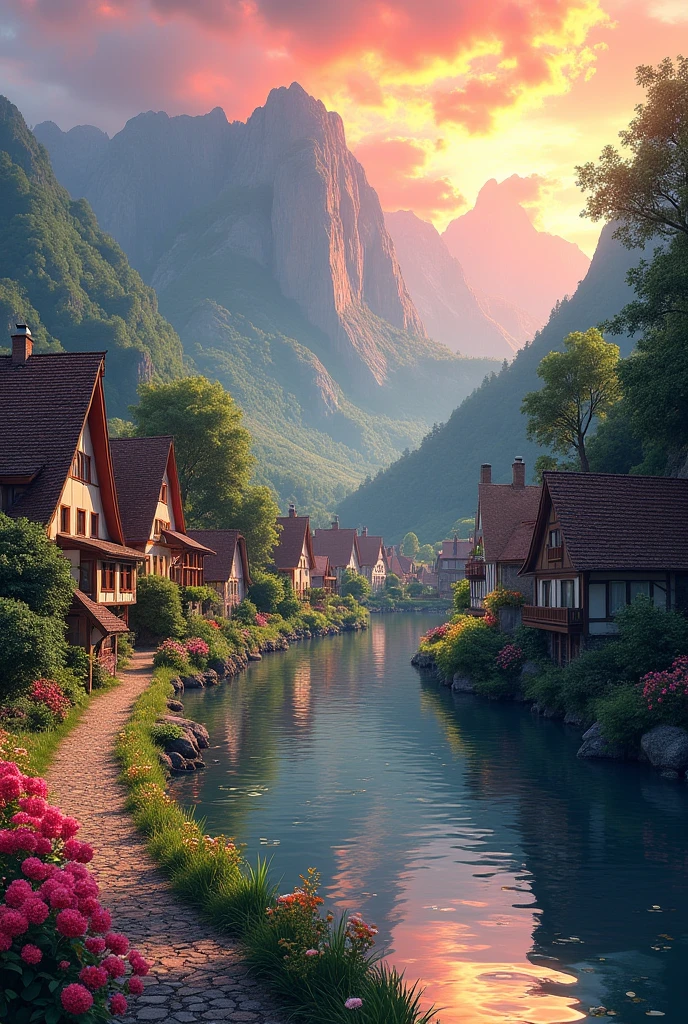 A small village by the river, color of the mountain in the background, colorful flower flowers, detailed landscape, beautiful natural scenery, atmospheric lighting, scorching sunset, warm colors, Practical, фотоPractical, detailed foliage, complex buildings, paved street, charming country house, swirl bright colors, lush vegetation, reflections on water, picturesque, idyllic, artwork, the best quality, 8k, very detailed,  anime stylization 