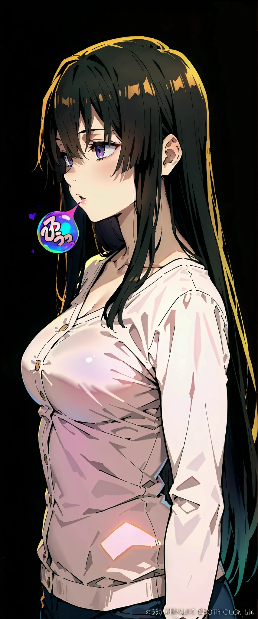 (Nakime, Demon Slayer character), (masterpiece: 1.2), (best_quality: 1.0), (solo: 1.4), 1woman, 35 years old, middle-aged woman, (solo focus, 1view), (mature woman, strict facial features, sharp facial features), ((upper-body, half body)), ((Ultra Detailed, Cinematic, hyper detailed, Hyperresolution, official arts, Wallpaper 40k, Mind-blowing art)), (black hair, extra long hair, straight hair, hair front of eyes), Beautiful nose, Beautiful character design, perfect face, Colorful, Bright_Front_face_Lighting, (bright_color: 1.2), (beautiful_face: 1.5), (beautiful, medium breasts: 1.4), seductive, <wide hips, muscular hips, big ass), (beautiful, clean skin), side view, simple background, black background, looks to the side,