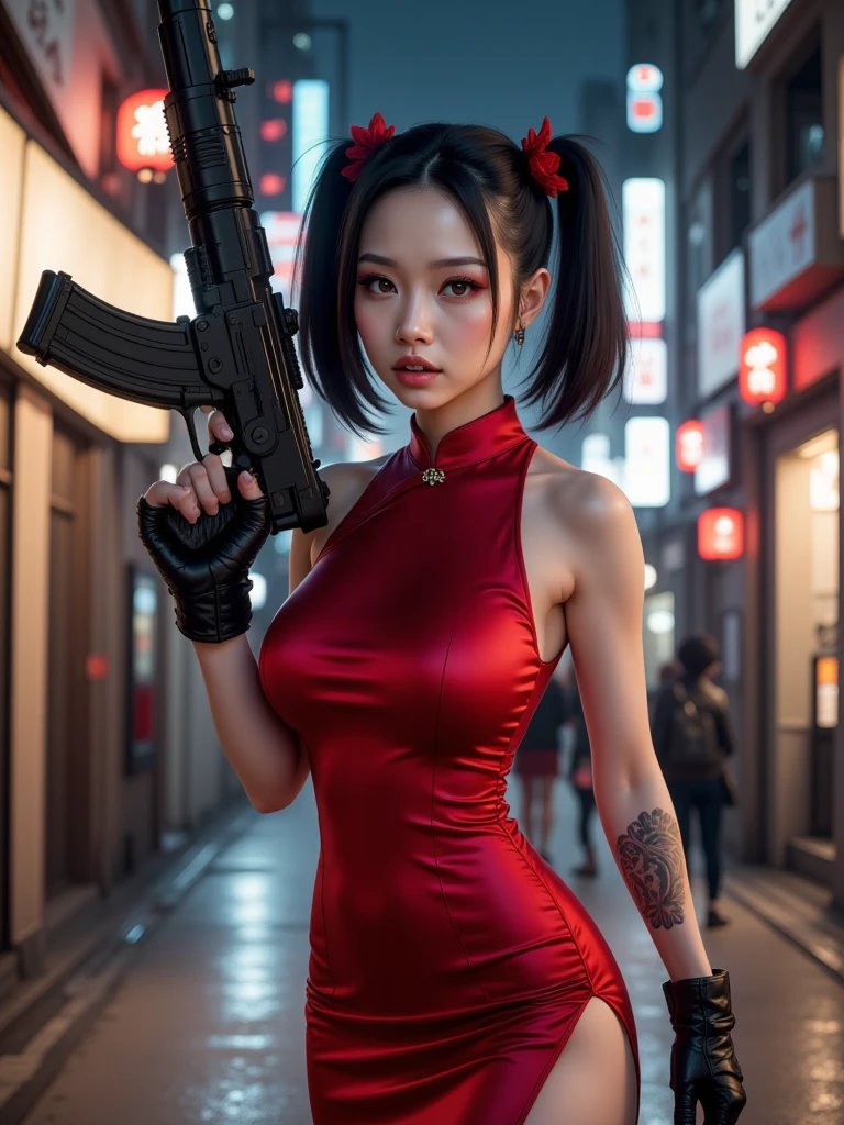 A young and extremely beautiful woman_cyborg、Retro Hairstyles、Retro Makeup、A grinning expression、Ideal proportions、Big Breasts、((Night Camo＿tight＿China dress:1.9))、(Assault rifle fires at high speed:1.7)、(Motion Blur Effect:1.5)、Chaos inside the casino、Frenzy、is in destruction、（Highest quality、4K、8K、High resolution、masterpiece:1.2）、Super detailed、（Real、Photorealistic、Photorealistic:1.37）、Detailed facial features、Intricate dress patterns、Impressive pose、Dramatic lighting、Cinematic composition、Bright colors、dystopian atmosphere、oil painting、