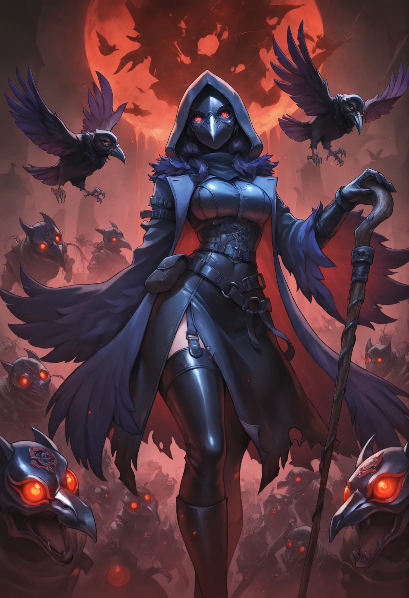 1girl,plague_doctor, (raven_mask:1.5), tattered_coat, poison_vials, iron_lantern, rat_swarm, ashen_smoke, leather_gloves, hollow_cane, weeping_plague_pits、
,masterpiece, best quality, newest, highres, absurdres,