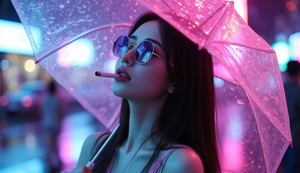 a side profile portrait of a beautiful young lady exhaling thick creamy smoke from her open mouth, smoke drifts in the cool futuristic night light. She has thick long black hair and she is wearing dark Ray-ban sunglasses. Taken by professional photographer using a canon 5D mark 3. Extremely detailed and colourful --ar 2:3 --v 6.0 --style raw --s 750