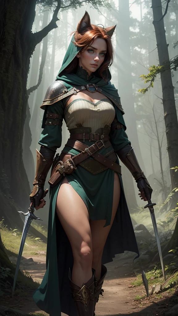 (masterpiece, top quality, best quality, official art, beautiful and aesthetic:1.2), (1girl:1.3), dark brown hair in a single braid, extremely detailed, portrait, looking at viewer, solo, (full body:0.6), detailed background, close up, cat eyes, (warm summer forest theme:1.1), (elf) ranger, charlatan, smirk, mysterious, walking in forest, revealing ranger attire, brown leather, cowl, cloak, corset, long boots, buckles, straps, pouches, bow and arrow, green fabric, brown leather, ((((gigantic breasts, cleavage, skindentation)))), slim waist, slim hips, long legs, medieval (forest exterior:1.1) background, dark mysterious lighting, shadows, magical atmosphere, dutch angle