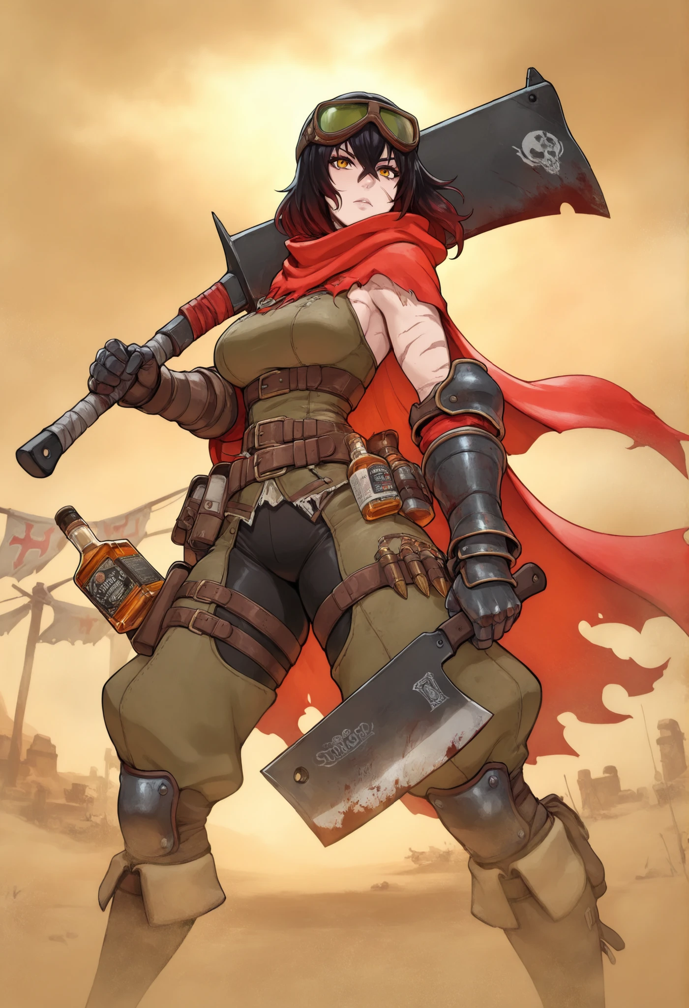 1girl,bounty_reaper, (serrated_cleaver:1.3), tattered_banner, iron_spurs, desert_winds, bullet_scars, whiskey_flask, sandstorm_goggles, bloodstained_map, vulture_shadow
,masterpiece, best quality, newest, highres, absurdres,