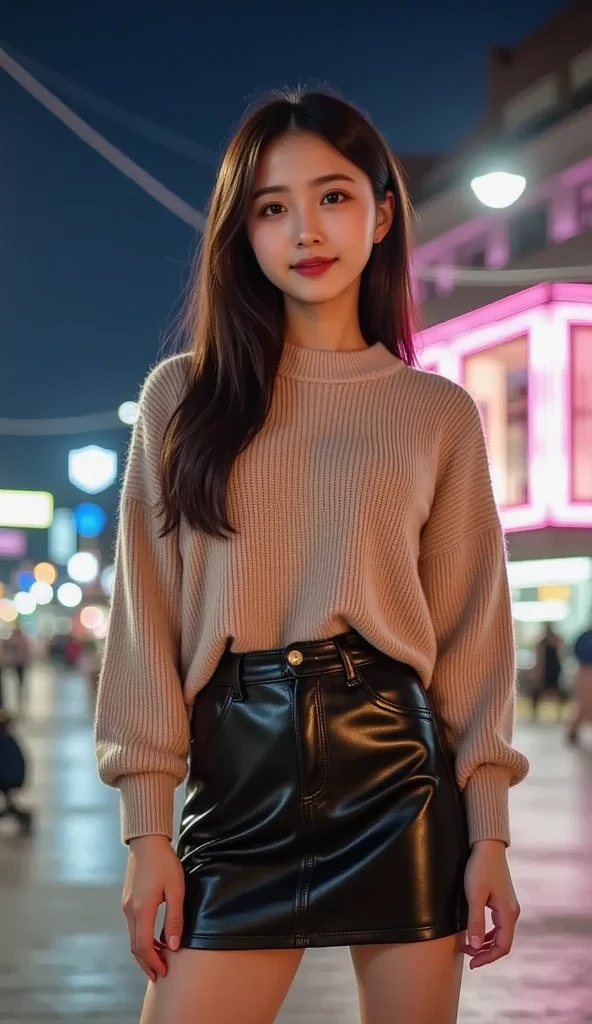 18 year old girl with perfect face and big breasts, right hand touching hair, cute clothes, slim and slender physique. The skin has detailed and highly detailed eyes (1.1 emphasis), very detailed skin texture (1.1 emphasis). slender necklace, model photo style, photorealistic, skin texture is real human skin texture, detailed skin pores, intricate details, eyes very detailed, black knitted sweater: 2, white jumper skirt, from the knee up, attractive sexy chibi, smile, smile, street, standing: 2, loose wave hairstyle: 3, night