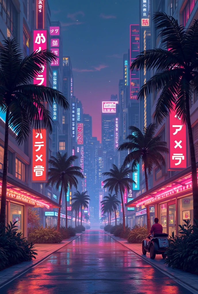 "Create a cozy cyberpunk cityscape inspired by Vice City. The scene should feature neon lights, futuristic buildings, and a warm, inviting atmosphere — perfect for a Discord chat group of IT friends. Looping animation, GIF format, 512x512 resolution.