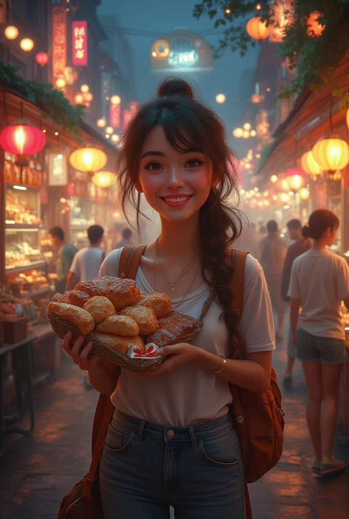  a bustling night market .  The woman is dressed in casual clothes , carrying snacks ,  and her face is filled with joy and contentment.