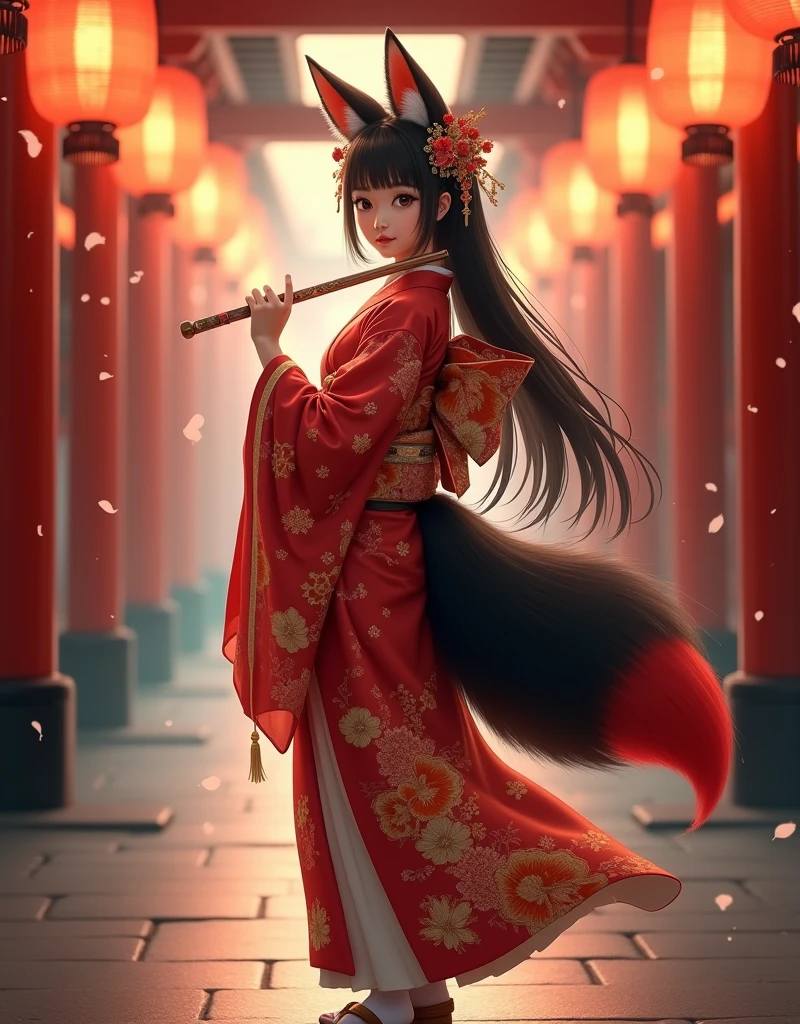 full-body portrait, a graceful fox-eared girl with a fluffy black-and-red fox tail, wearing a luxurious red kimono with intricate gold embroidery and floral patterns, long straight black hair adorned with ornate golden hairpins and dangling ornaments, holding a delicate flute with both hands, soft and elegant facial features, black and red fluffy fox ears, white tabi socks and wooden sandals, standing calmly on a lantern-lit stone path in a traditional Japanese shrine, glowing red paper lanterns in the background, falling petals, golden hour lighting, subtle mist, cinematic atmosphere, photorealistic, 8k, ultra-detailed, masterpiece, best quality, photorealistic:1.5, ultra-detailed:1.3