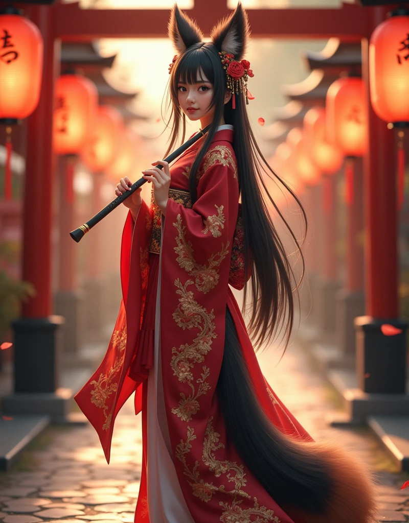 full-body portrait, a graceful fox-eared girl with a fluffy black-and-red fox tail, wearing a luxurious red kimono with intricate gold embroidery and floral patterns, long straight black hair adorned with ornate golden hairpins and dangling ornaments, holding a delicate flute with both hands, soft and elegant  features, black and red fluffy fox ears, white tabi socks and wooden sandals, standing calmly on a lantern-lit stone path in a traditional Japanese shrine, glowing red paper lanterns in the background, falling petals, golden hour lighting, subtle mist, cinematic atmosphere, photorealistic, 8k, ultra-detailed, masterpiece, best quality, photorealistic:1.5, ultra-detailed:1.3