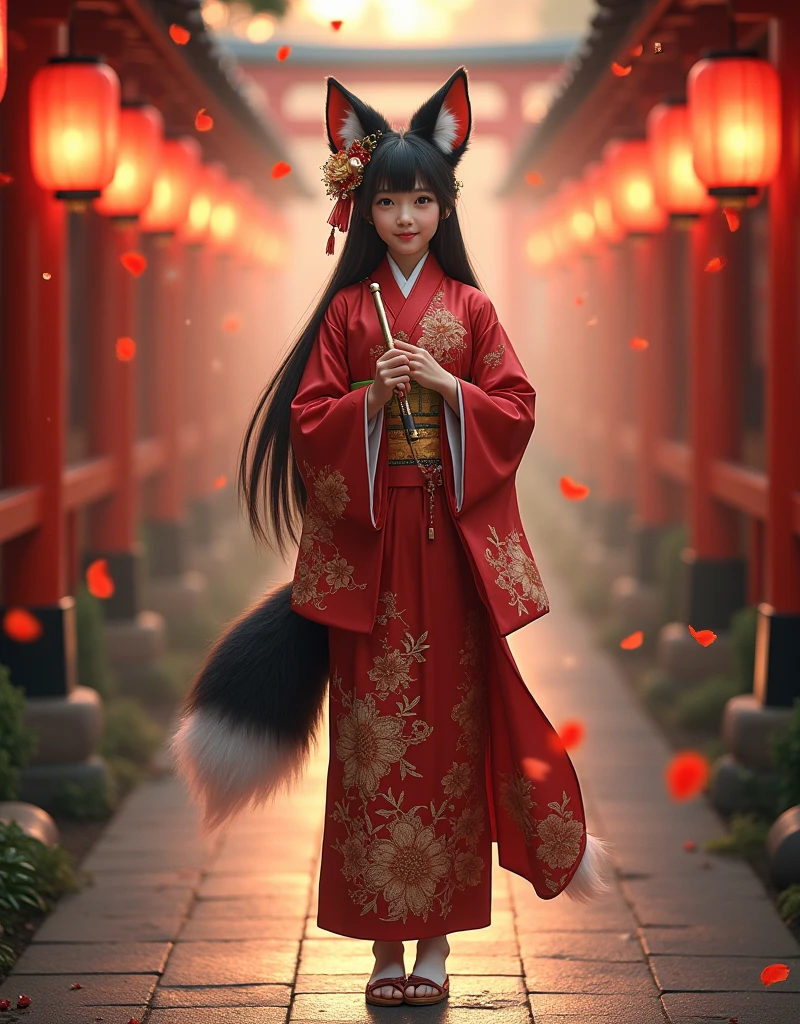 full-body portrait, a graceful fox-eared girl with a fluffy black-and-red fox tail, wearing a luxurious red kimono with intricate gold embroidery and floral patterns, long straight black hair adorned with ornate golden hairpins and dangling ornaments, holding a delicate flute with both hands, soft and elegant facial features, black and red fluffy fox ears, white tabi socks and wooden sandals, standing calmly on a lantern-lit stone path in a traditional Japanese shrine, glowing red paper lanterns in the background, falling petals, golden hour lighting, subtle mist, cinematic atmosphere, photorealistic, 8k, ultra-detailed, masterpiece, best quality, photorealistic:1.5, ultra-detailed:1.3