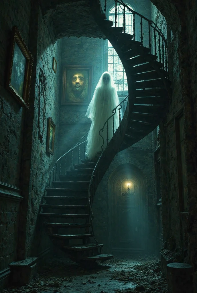 "Haunted spiral staircase inside a dark mansion, faint shadow of a ...