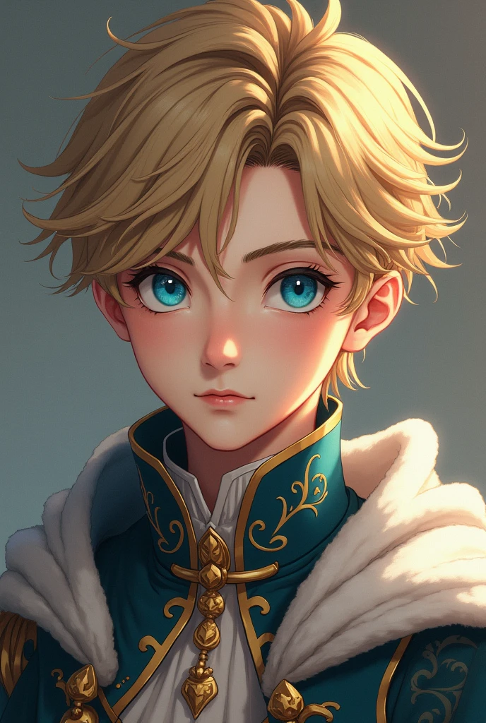 Blonde messy hair,blue eyes, Handsome facial features,Pale skin.In a prince outfit.  Anime style, 
