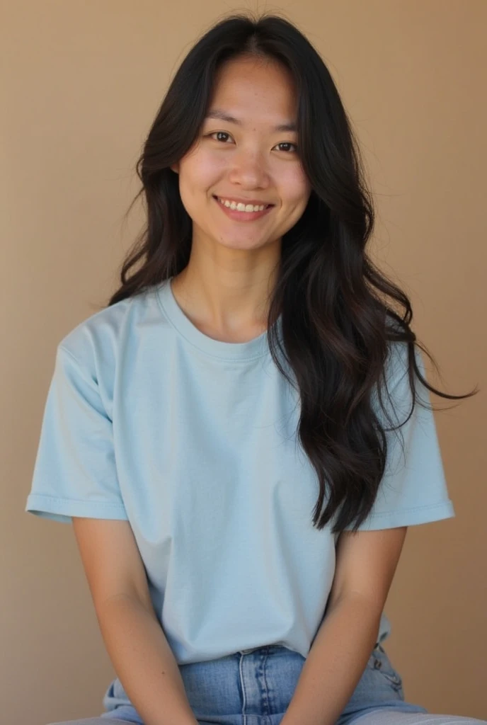 Image of a person wearing a plain, buttonless gray shirt 
