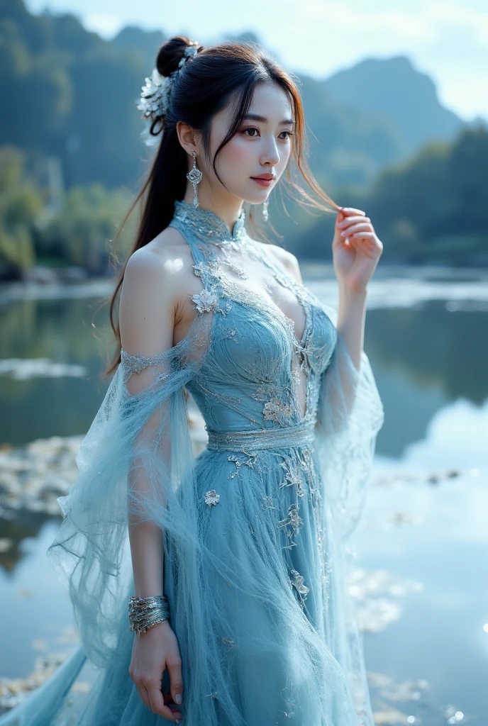 "A beautiful jade-skinned woman in a flowing silver dress, which shimmers like moonlight, accentuating her graceful and sexy figure. She has long, dark hair cascading down her back, adorned with delicate silver hairpins. Her bright, captivating eyes exude confidence and wisdom. She stands poised in a lush, mystical landscape with mountains and a serene river in the background, holding the hilt of a beautifully crafted sword. The scene embodies beauty, strength, and mystique, typical of a Chinese martial arts cultivation novel."