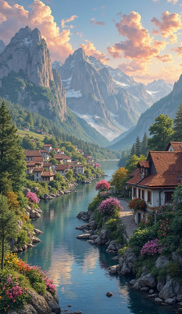 A small village by the river, mountains in the background, colorful flowers, detailed landscape style, beautiful natural scenery, atmospheric lighting,  scorching sunset ,  warm colors, practical, photographic, detailed foliage, complex buildings , cobblestone street, charming country house, vibrant colors, lush vegetation, reflections in the water, pitoresco, idyllic, work of art, Best Quality, 8k, extremely detailed, anime style