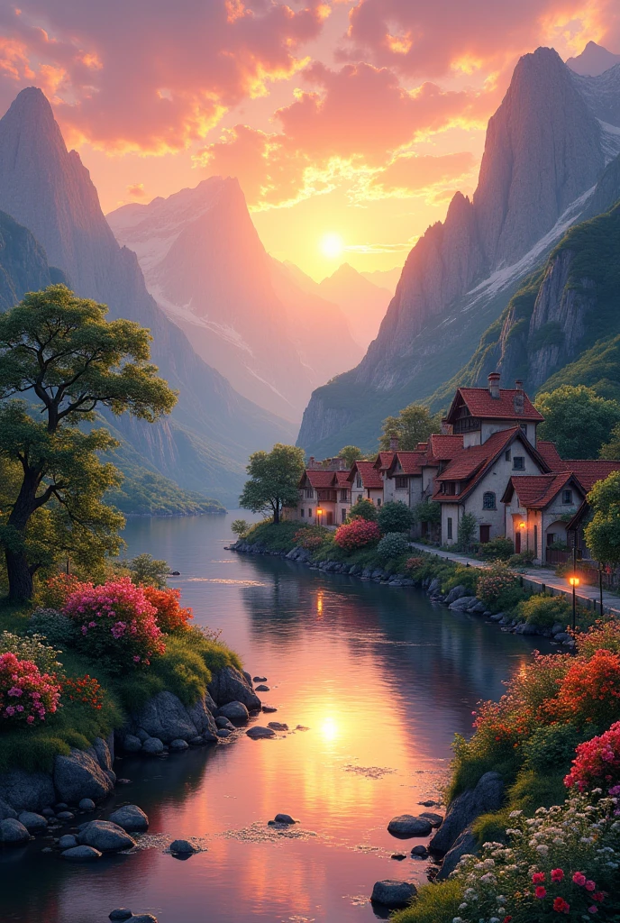 a small village by the river, mountains in the background, floral flowers colorful, detailed landscape, Beautiful natural landscapes, atmospheric lighting, scorching sunset, warm colours, practical, photopractical, Detailed Foliage, complex buildings, cobblestone street, Charming country house, swirly vibrant colors, lush vegetation, Still water reflections, Picturesque, idyllic, work of art, best qualityer, 8k, extremely detaild,anime styling