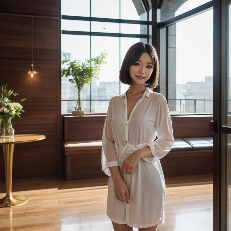 full body, Realistic, Photography, Indonesia, 20 years, high bun hair, slim body, fair skin, cute face, white dress, cardigan pink, and sandals, standing in the middle room, facing the camera, stand up straight, cute pose, sweet expression, detailed face, detailed background, bright light, sunlight